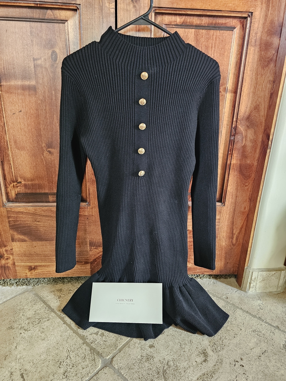 Black Ribbed Long-Sleeve Midi Dress with Gold Buttons